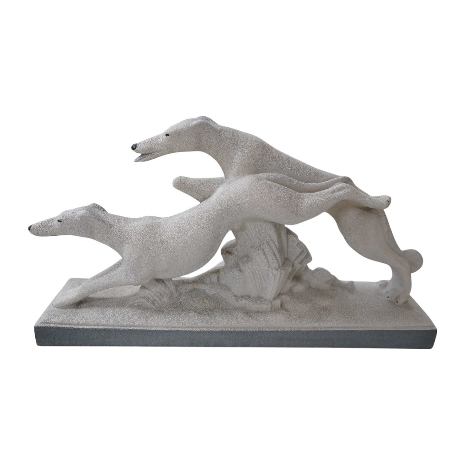 A French Art Deco ‘granite’ pottery model of two greyhounds, signed Lemanceau, 55cm long. Condition - good